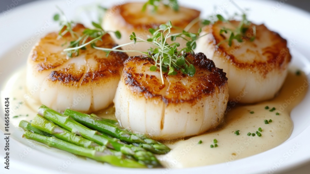 A gourmet dish of seared scallops plated elegantly on a white ceramic plate, served with a buttery sauce, microgreens, and a side of asparagus, capturing a fine-dining presentation. A gourmet dish of seared scallops plated elegantly on a white ceramic plate, served with a buttery sauce, microgreens, and a side of asparagus, capturing a fine-dining presentation.