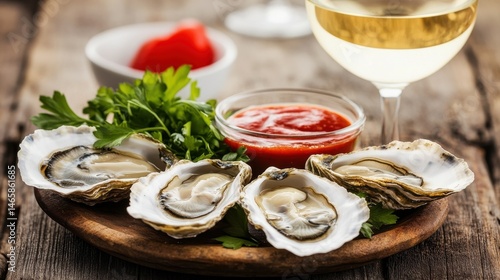 A seafood platter featuring giant oysters in their shells, served with cocktail sauce, fresh herbs, and a glass of white wine on a rustic wooden table.