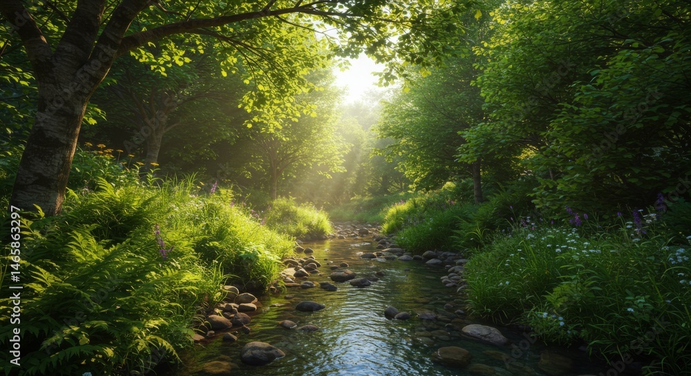 Fototapeta premium Sunlit Forest Stream: Lush Green Trees and Tranquil Water