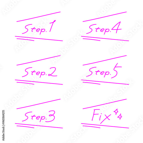 ポップでかわいい手書き風ステップと修正アイコン｜蛍光ピンクの吹き出し風囲み線入りセット