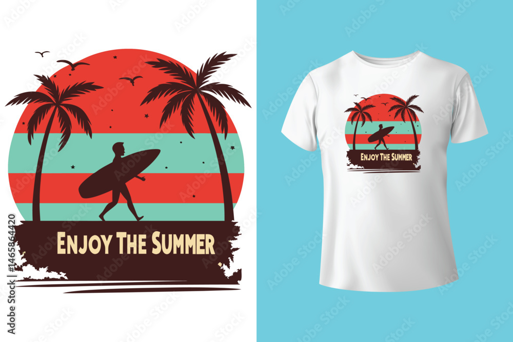 Naklejka premium 90s Retro Style Surfing Design with Sunset Rays and Palm Silhouette – Vintage Beach Art