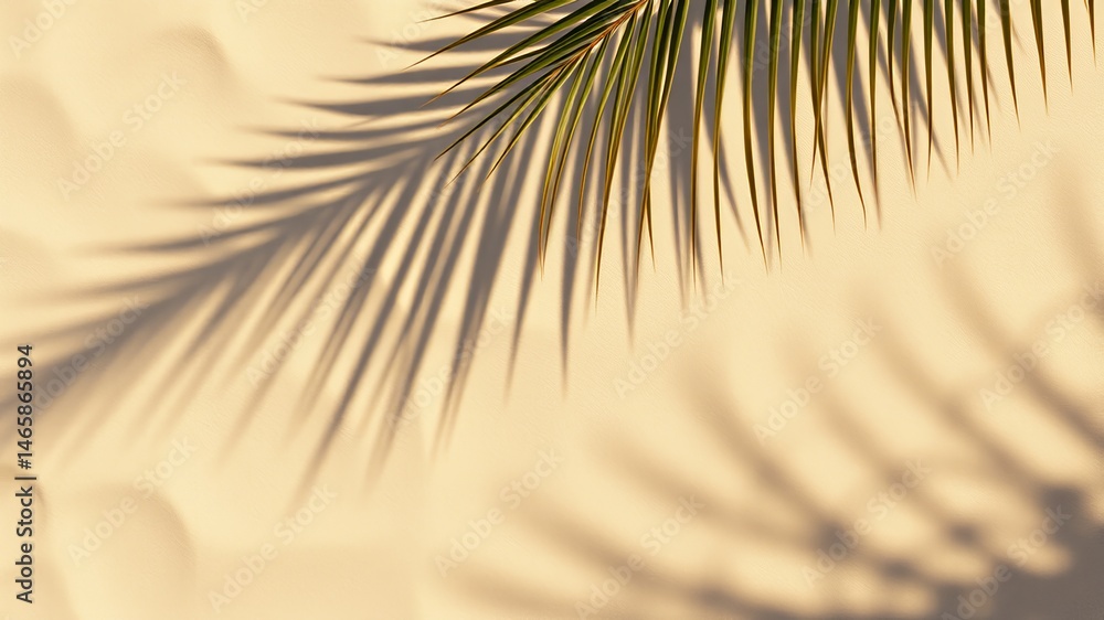 Obraz premium A vibrant green palm frond casts a long shadow on a warm beige sandy beach background creating a summery tropical vibe.