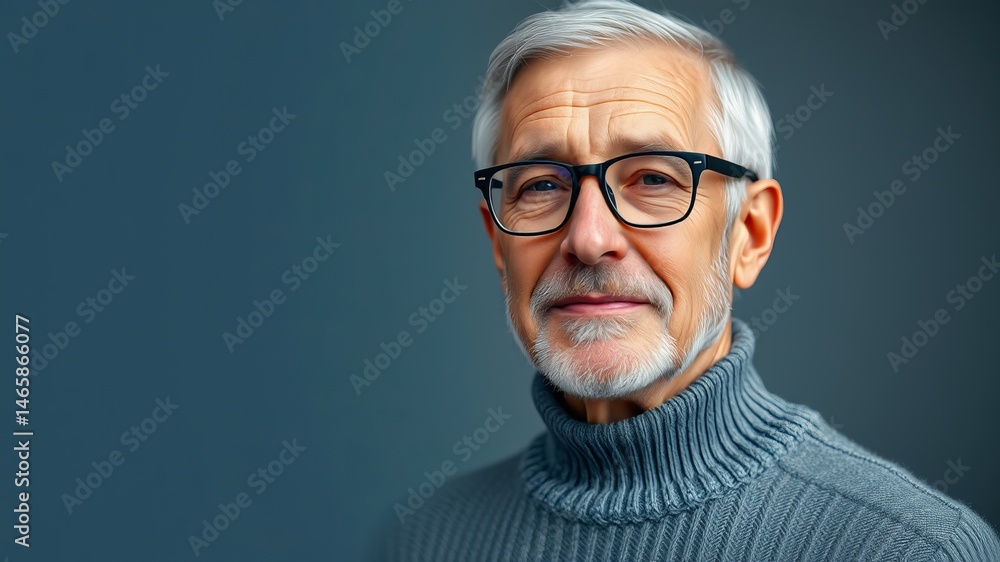 Obraz premium A thoughtful senior man with gray hair and glasses poses against a muted blue background for a portrait.