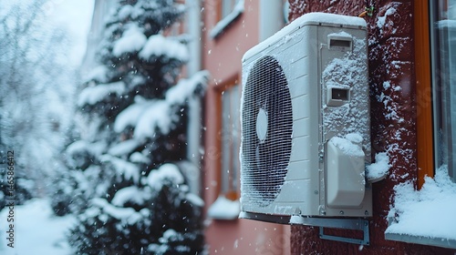 Outdoor unit of an air water heat pump in the snow