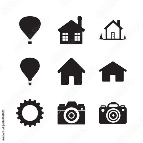 Minimalist Vector Icon Set — Balloon, Home, Gear, Camera, Silhouette Symbols Collection