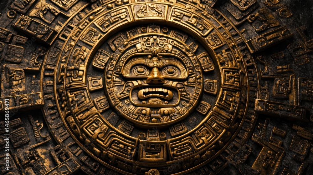 Fototapeta premium Detailed depiction of a decorative round bronze or brass ancient calendar.
