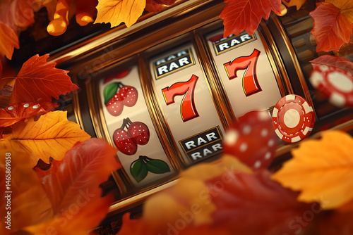 Vibrant autumn-themed slot machine surrounded by colorful leaves and gaming elements