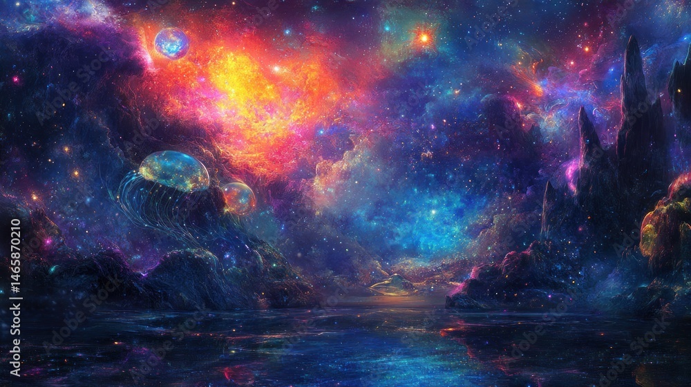 Obraz premium Cosmic Seascape: A Celestial Ballet of Nebulae and Jellyfish