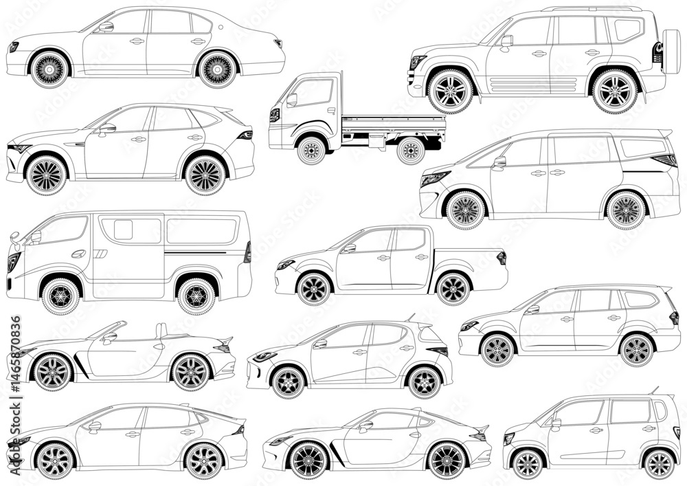 Obraz premium 色々なボディタイプの自動車サイドビューモノクロイラストのセット