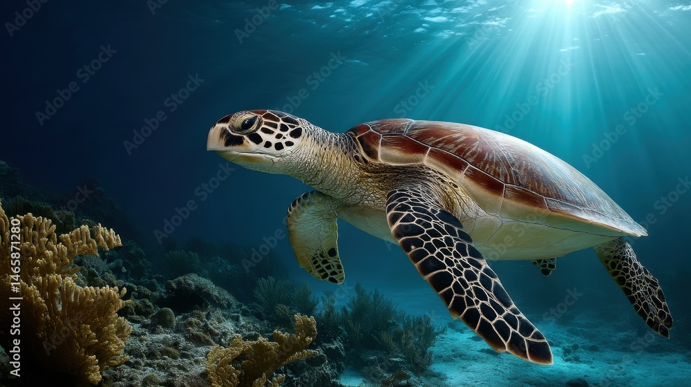 Fototapeta premium Mature sea turtle swimming near reef edge, sunlight rays filtering through water with natural gradient