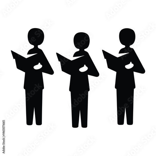 Three singers in a choir holding sheet music, depicted in silhouette