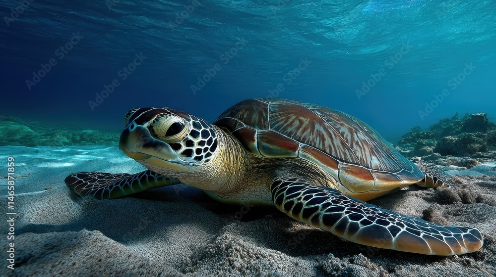 Fototapeta premium Sea turtle resting on sandy ocean floor, calm and peaceful moment framed with distant telephoto focus