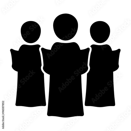 Choir group icon of three people singing from sheet music, black silhouette