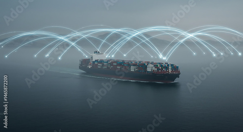 A container ship sailing on the ocean with glowing lines above it connecting to various points around it