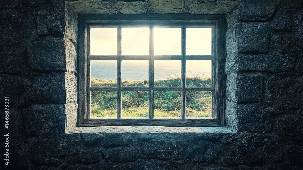 Obraz premium A stone wall enclosure with a window showing a grassy landscape.