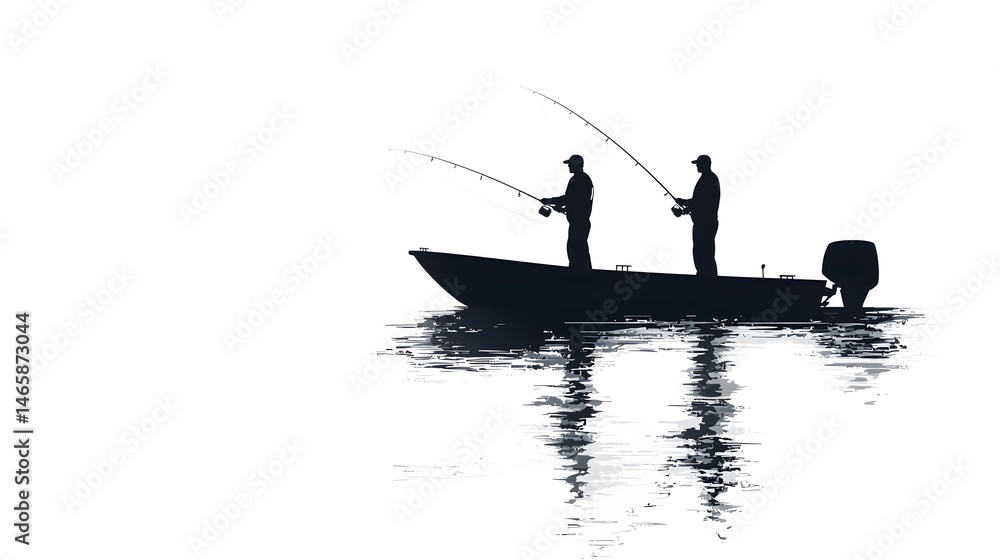 Naklejka premium Silhouetted men fishing from a boat on a tranquil lake