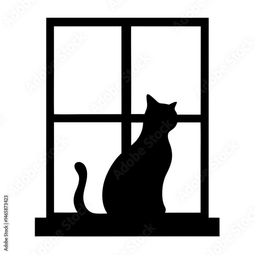Silhouette of a cat sitting on a windowsill looking through the window