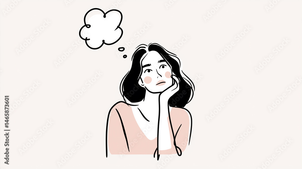 柔らかなタッチで描かれた考え事をする女性 背景に吹き出し 表情豊か ストック素材 アイデア中 創造 抽象イメージ デッサン風 感性イラスト 柔らかなタッチで描かれた考え事をする女性 背景に吹き出し 表情豊か ストック素材 アイデア中 創造 抽象イメージ デッサン風 感性イラスト