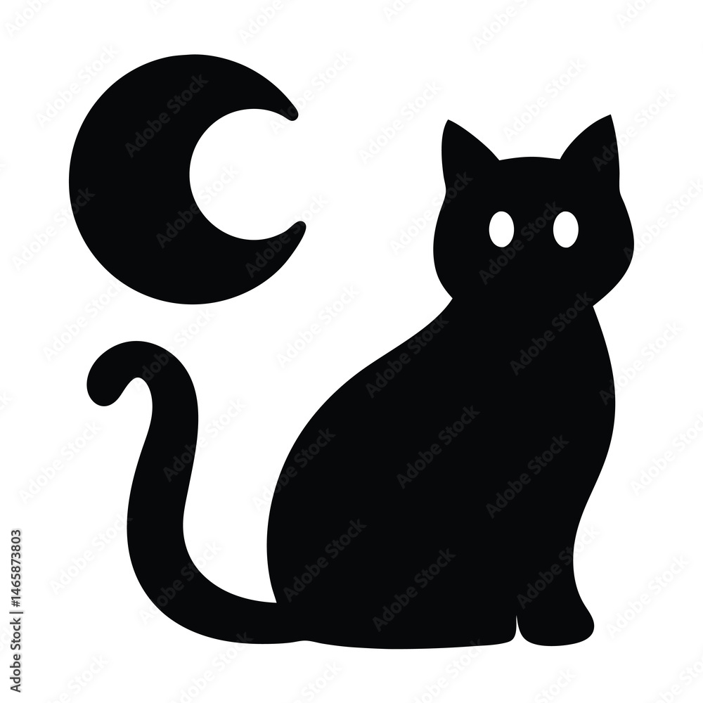 Silhouette of a black cat and a crescent moon, Halloween style Silhouette of a black cat and a crescent moon, Halloween style