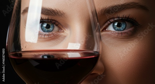 Closeup Portrait of a Woman with Blue Eyes and Red Wine Glass