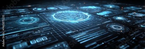 A glowing blue holographic UI dashboard with futuristic design elements, perfect for your sci-fi and technology-themed projects. A sleek and modern digital interface concept.