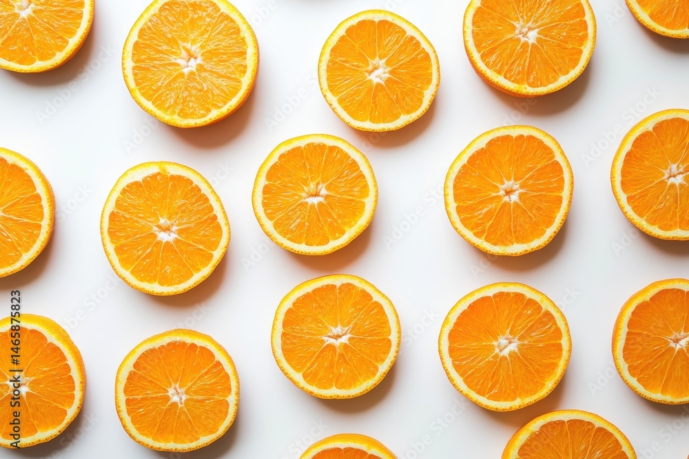 Orange slices arranged in a pattern on a white surface, creating a fresh and vibrant backdrop Orange slices arranged in a pattern on a white surface, creating a fresh and vibrant backdrop