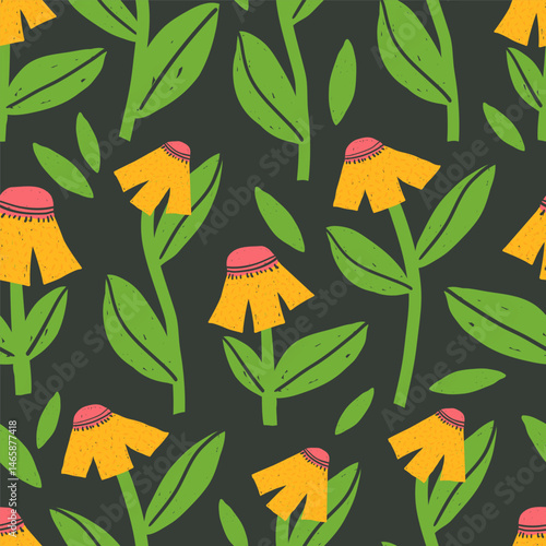 Bold positive and bright floral seamless pattern, hand drawn background with funny naive flowers, textile or fabric print vector illustration