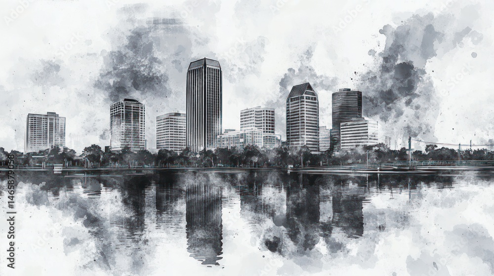 Fototapeta premium Cityscape Reflection: A Monochromatic Watercolor City Skyline