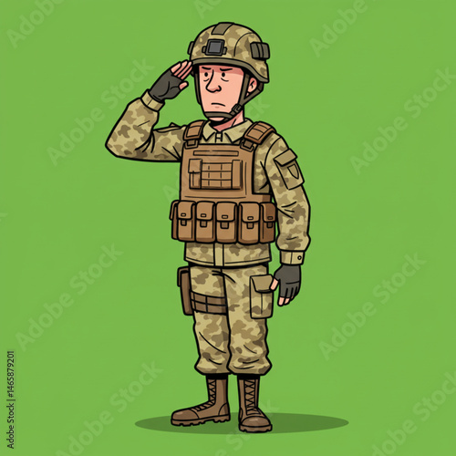 Cartoon soldier giving salute in full gear

