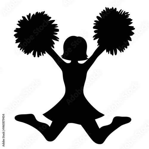 Cheerleader silhouette with pom poms jumping high and celebrating victory, simple design