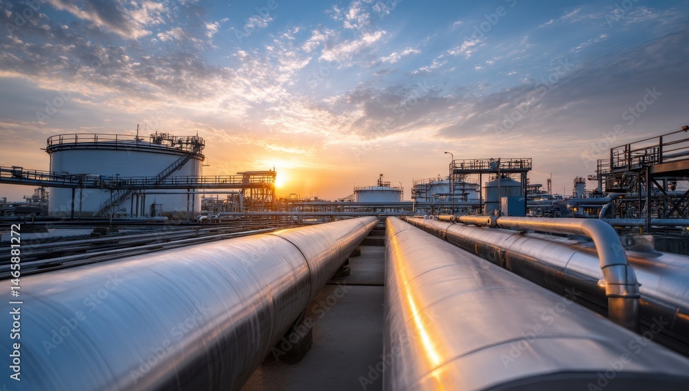 Obraz premium Industrial site pipelines against sky at sunset
