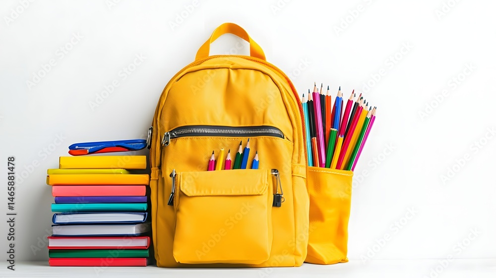 Vibrant school backpack filled with a variety of colorful stationery and learning tools Vibrant school backpack filled with a variety of colorful stationery and learning tools