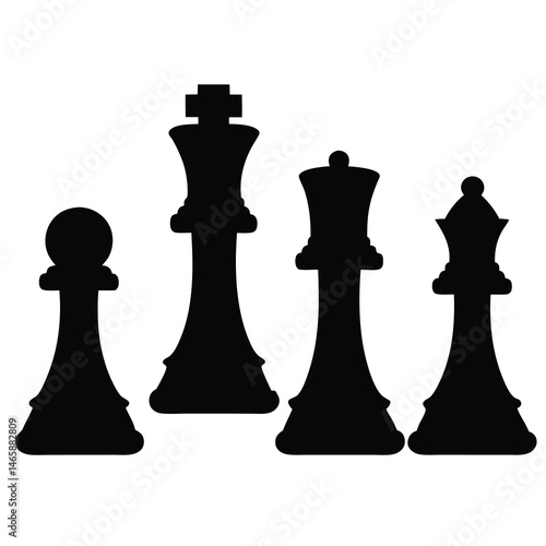 Black Silhouettes of Chess Pieces King Queen and Pawns on White Background