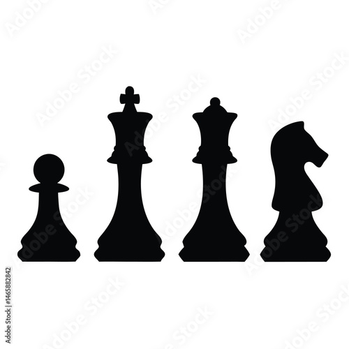 A simple black and white representation of common chess pieces in silhouette