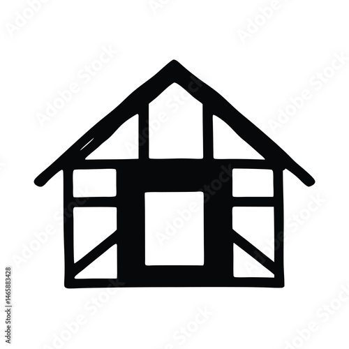 Simple black and white house drawing, sketch, architectural design icon