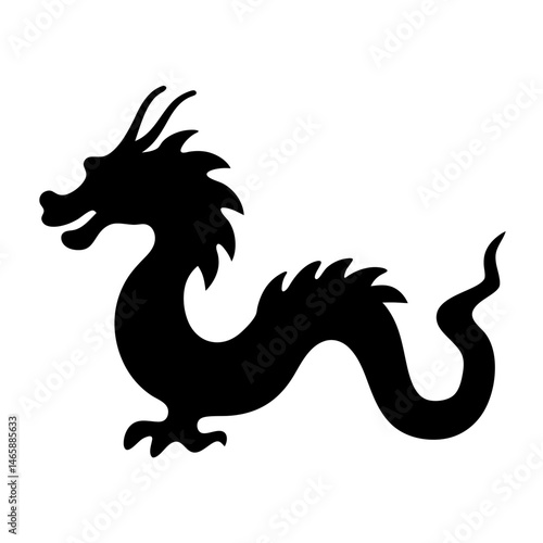 Stylized Black Dragon Silhouette Illustration on White Background with Curled Body