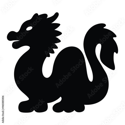 Black Silhouette of a Stylized Dragon with Curled Tail and Crested Head