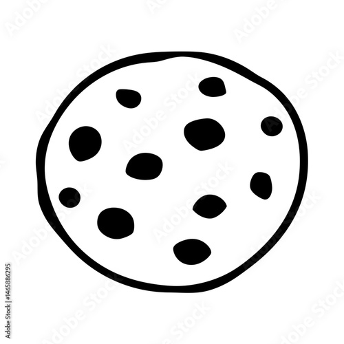 Hand drawn chocolate chip cookie with dark chips on white background