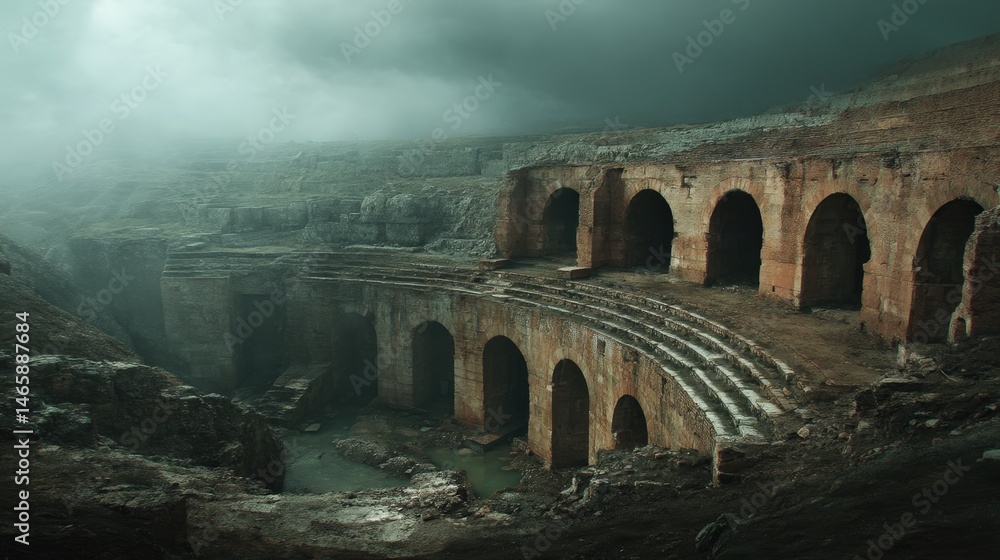 Obraz premium Ancient Amphitheater Sinking into Soil Under Dark Clouds