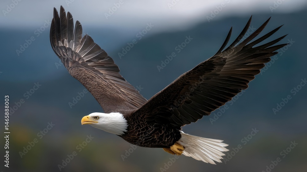 Fototapeta premium Bald eagle clutching fish mid-flight, dramatic wildlife moment frozen with distant telephoto perspective, 300mm --ar 16:9 --profile pzjkiwy --v 7 Job ID: d7f2ec55-a52f-428d-a5ea-2d6606e33748