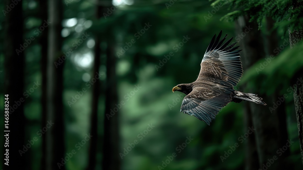 Fototapeta premium Eagle flying through forest canopy, wings weaving between branches, telephoto lens compressing depth