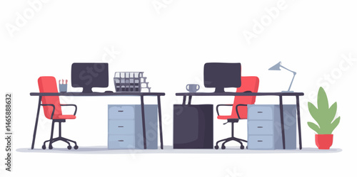 Two-Person Office Workspace with Computers and Chairs. Vector Image