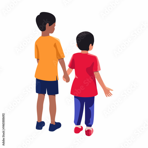 Two children holding hands rear view. Vector Image