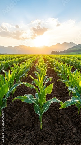Lush young corn plants in a fertile field at sunset, mountains in background