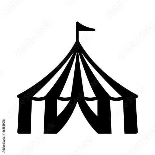 Simple black silhouette of a circus tent with a flag on top