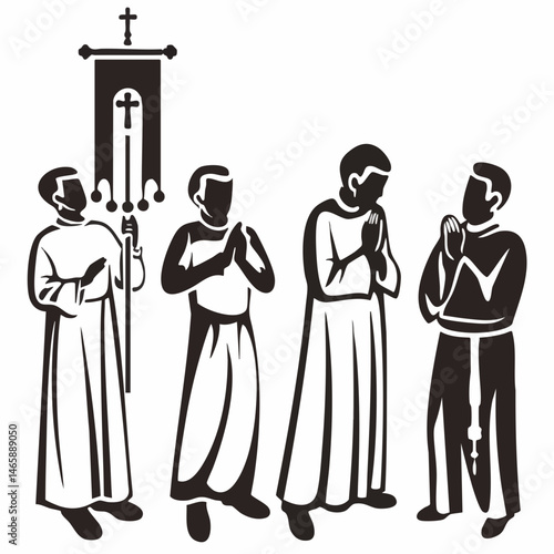 Religious figures with processional banner. Vector Image