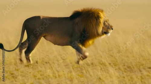 A lion walking in a field. 