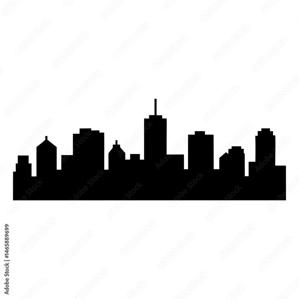 Naklejka premium Black Cityscape Silhouette Illustration with Varied Building Heights and Styles