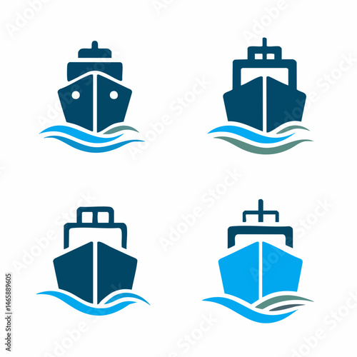 Collection of Vessel Icons on Waves. Vector Image