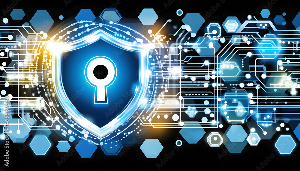 Fototapeta premium Glowing digital shield with keyhole, representing cybersecurity, data protection, and online security. Abstract technology background.
